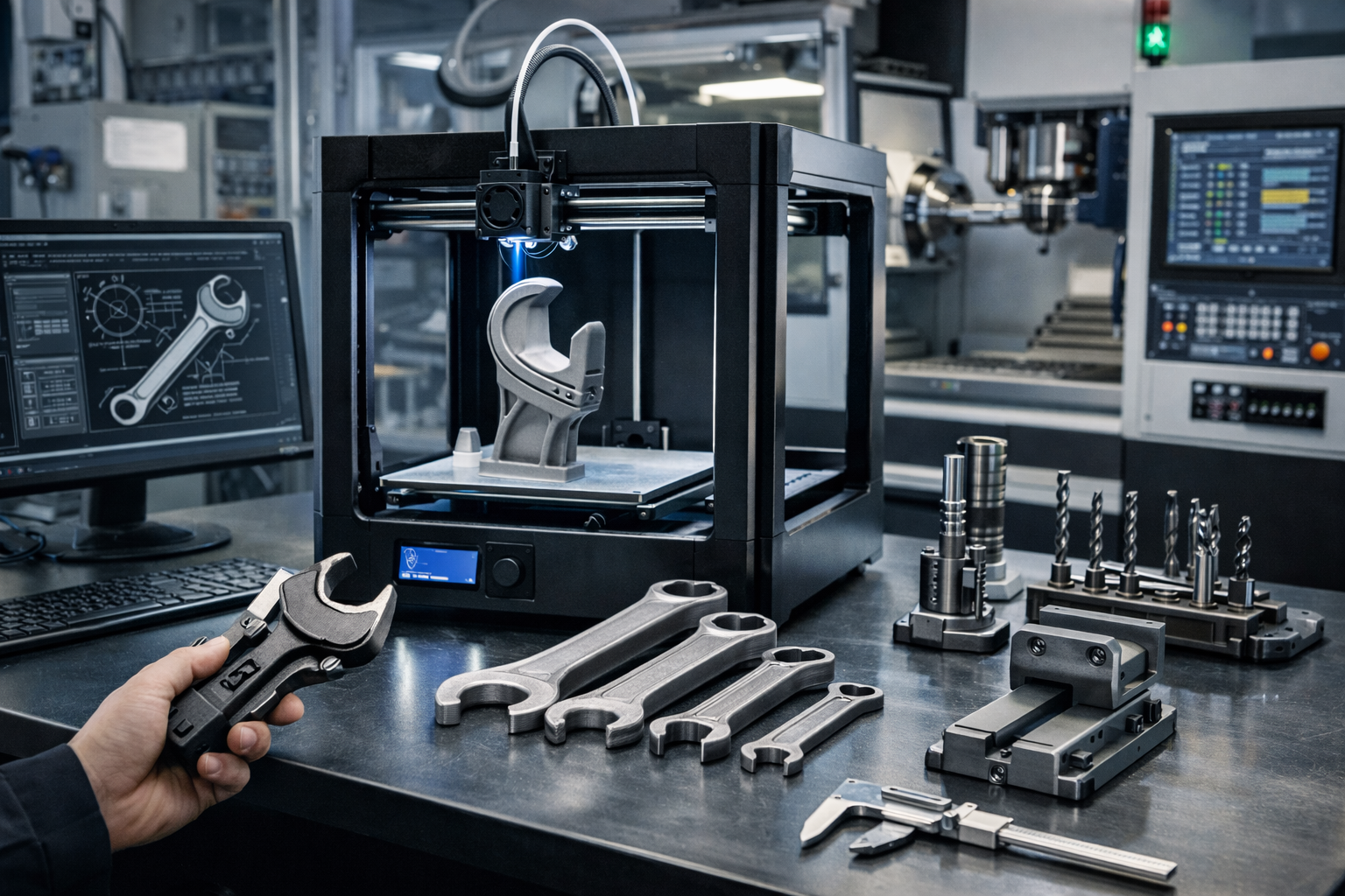 A person with a wrench stands next to a 3D printer, highlighting the role of additive manufacturing in modern tooling.
