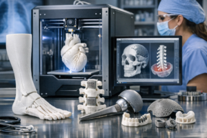 A 3D printer and a skeleton are positioned on a table, representing advancements in medical and healthcare additive manufacturing.