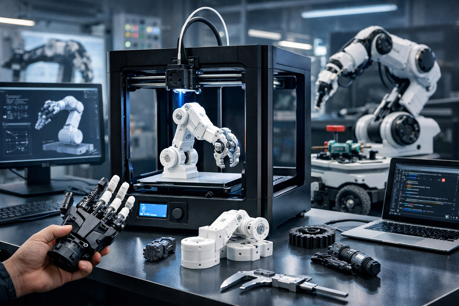 A person presents a 3D printer alongside a robot, highlighting the application of additive manufacturing in robotics and automation.